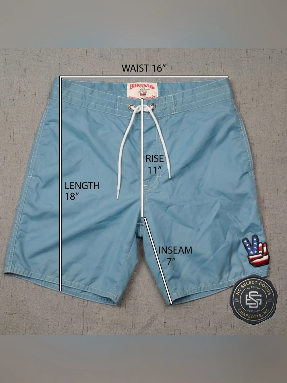 Birdwell Beach Britches Board Shorts 33 Light Blue USA Patriotic Patch⁠